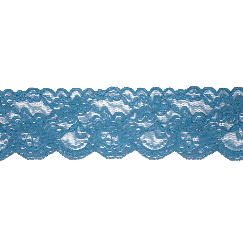 Famous NYC Designer Country Blue Floral Stretch Lace Trim with Scalloped Edges - 3.125