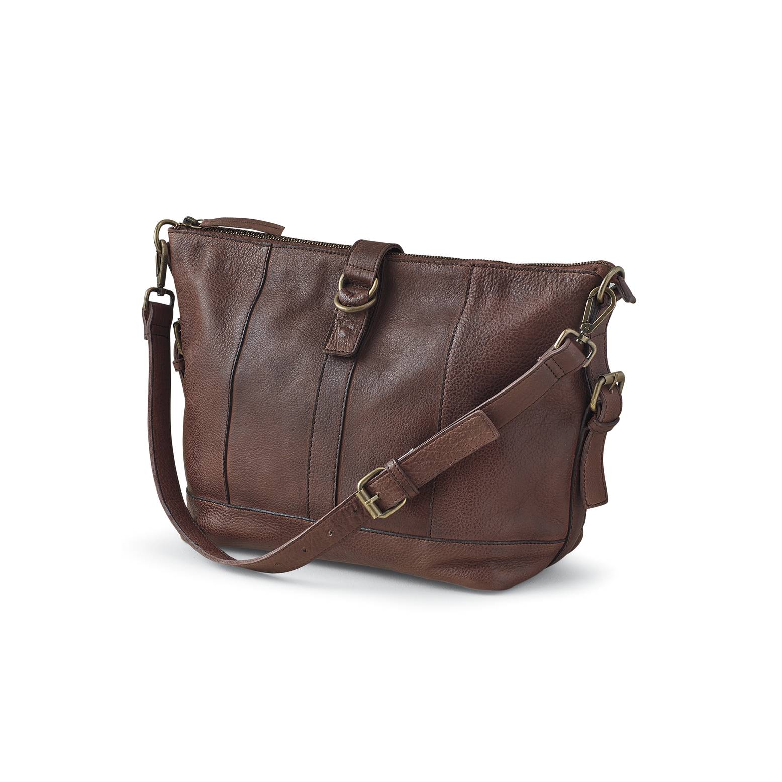 Strap-Accent Chocolate Leather Shoulder Bag, Zip Top, Interior Pockets - Northstyle Catalog
