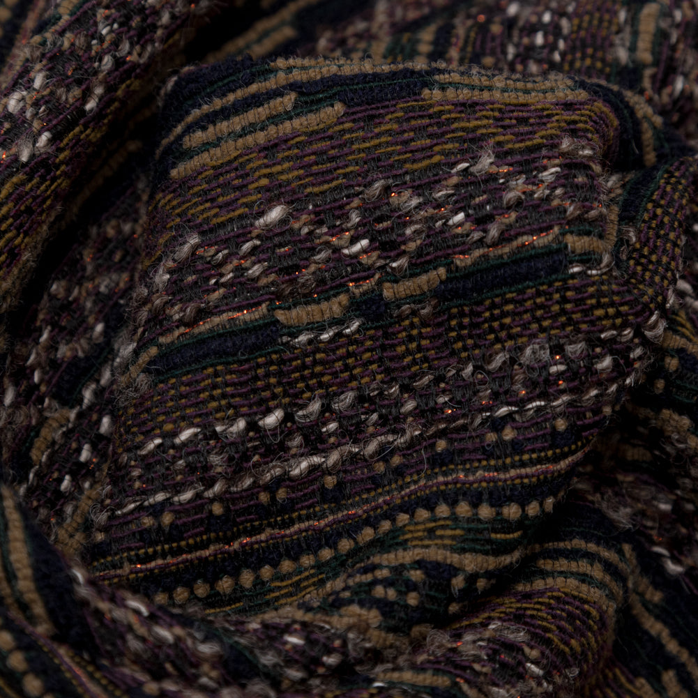 Dull Gold, Italian Plum and Hunter Green Striped Wool Tweed with Metallic Bronze Accents - Joann Fabrics