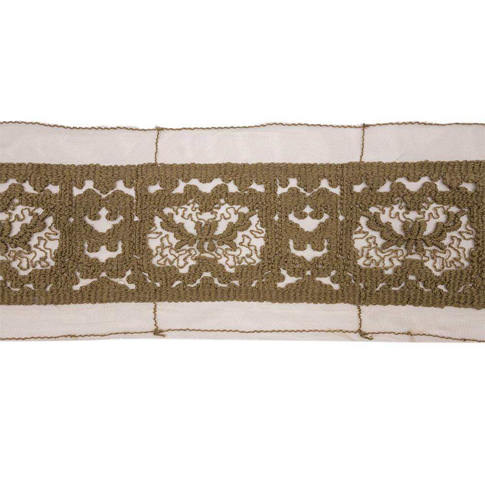 Olive Brown and Beige Abstract Floral Embroidered Lace Trim - 7