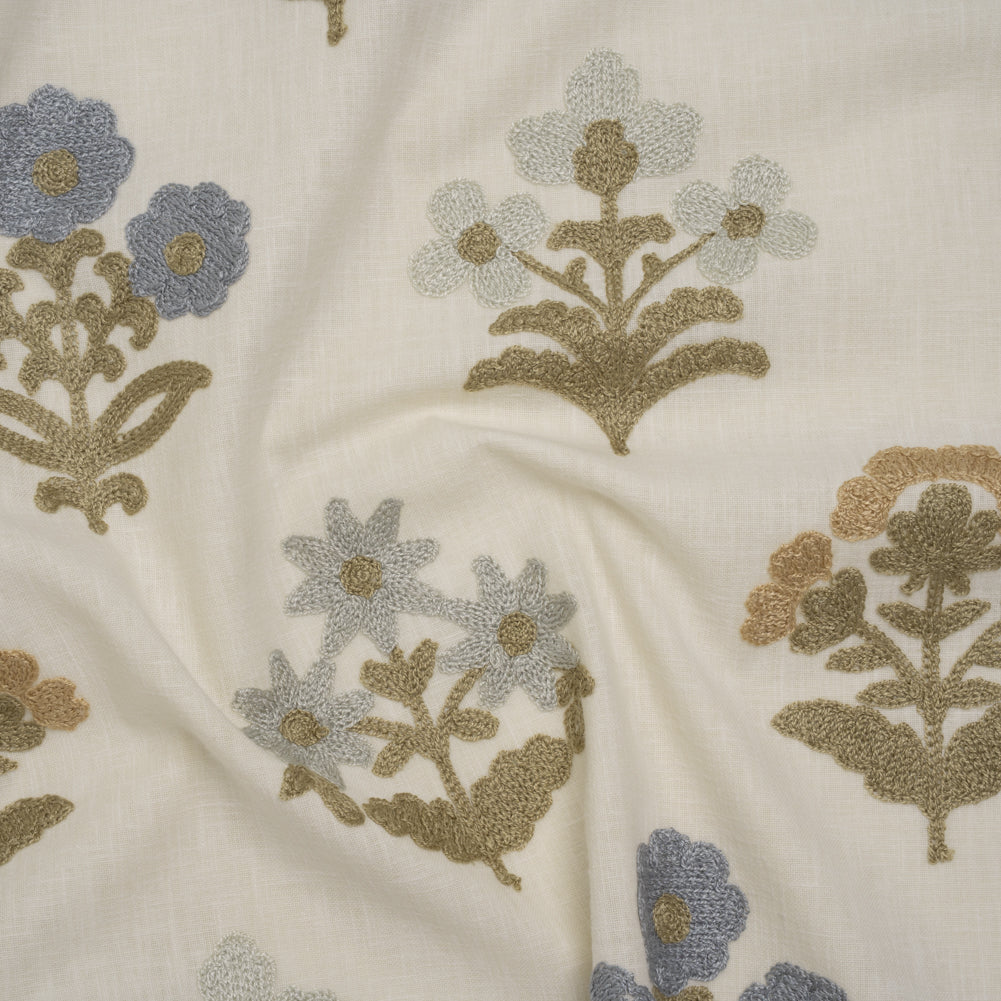 Polyester and Cotton Slubbed Drapery Woven with Viscose Embroidery - Seaspray Simple Flowers - British Imported - Joann Fabrics