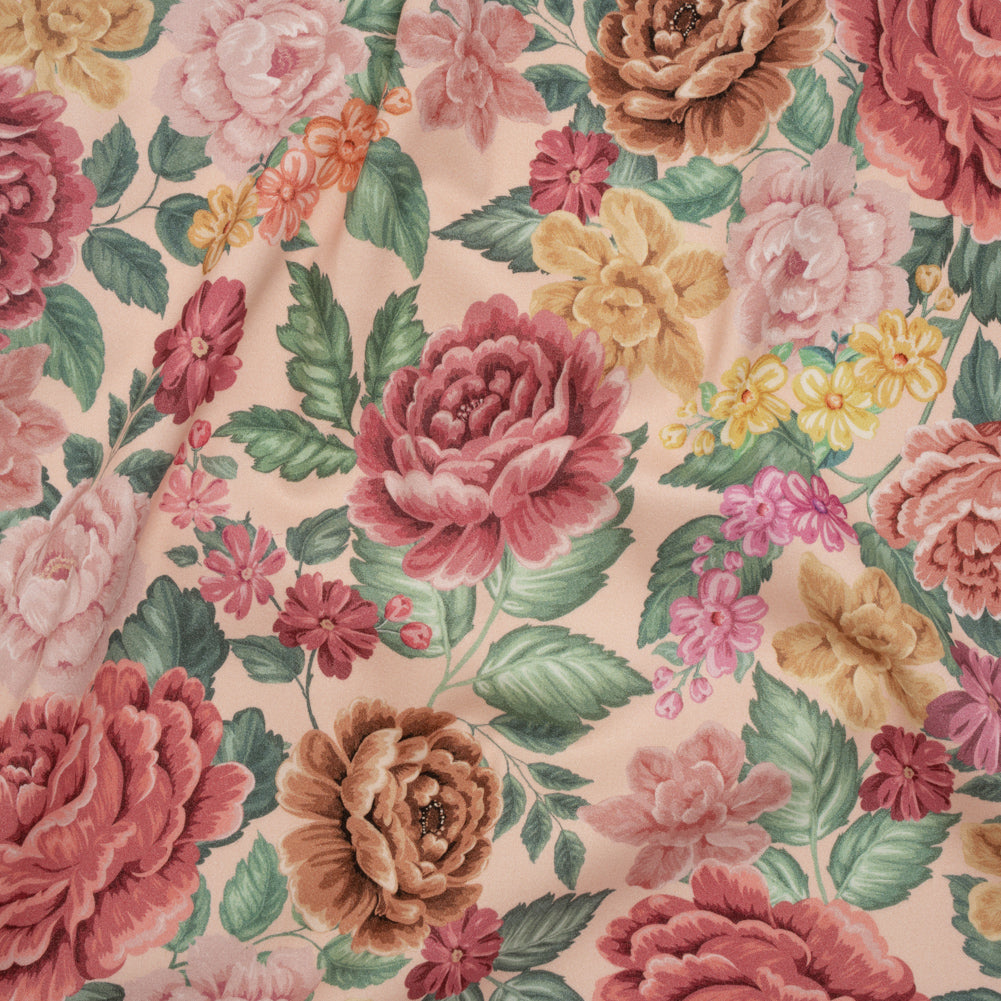 Brushed Cotton Woven - Coral Pink, Yellow and Green Flowers on Peach - Mood Exclusive Briar Lane Print - Joann Fabrics