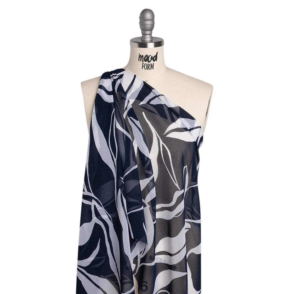 Polyester Chiffon Print - Navy Blue and White Flowing Leaves - Designer Deadstock - Joann Fabrics