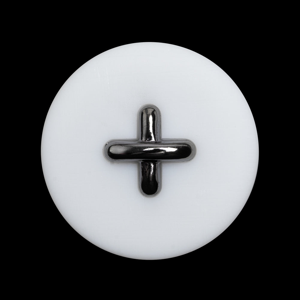 Plastic Shank Back Button - 44L/28mm - White and Metallic Gunmetal Faux Stitched 4-Hole - Joann Fabrics