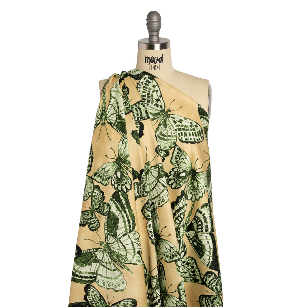 Stretch Cotton Sateen - Green and Cream Butterflies - Monarch Mountain Print - Mood Exclusive Acadia Collection - Joann Fabrics