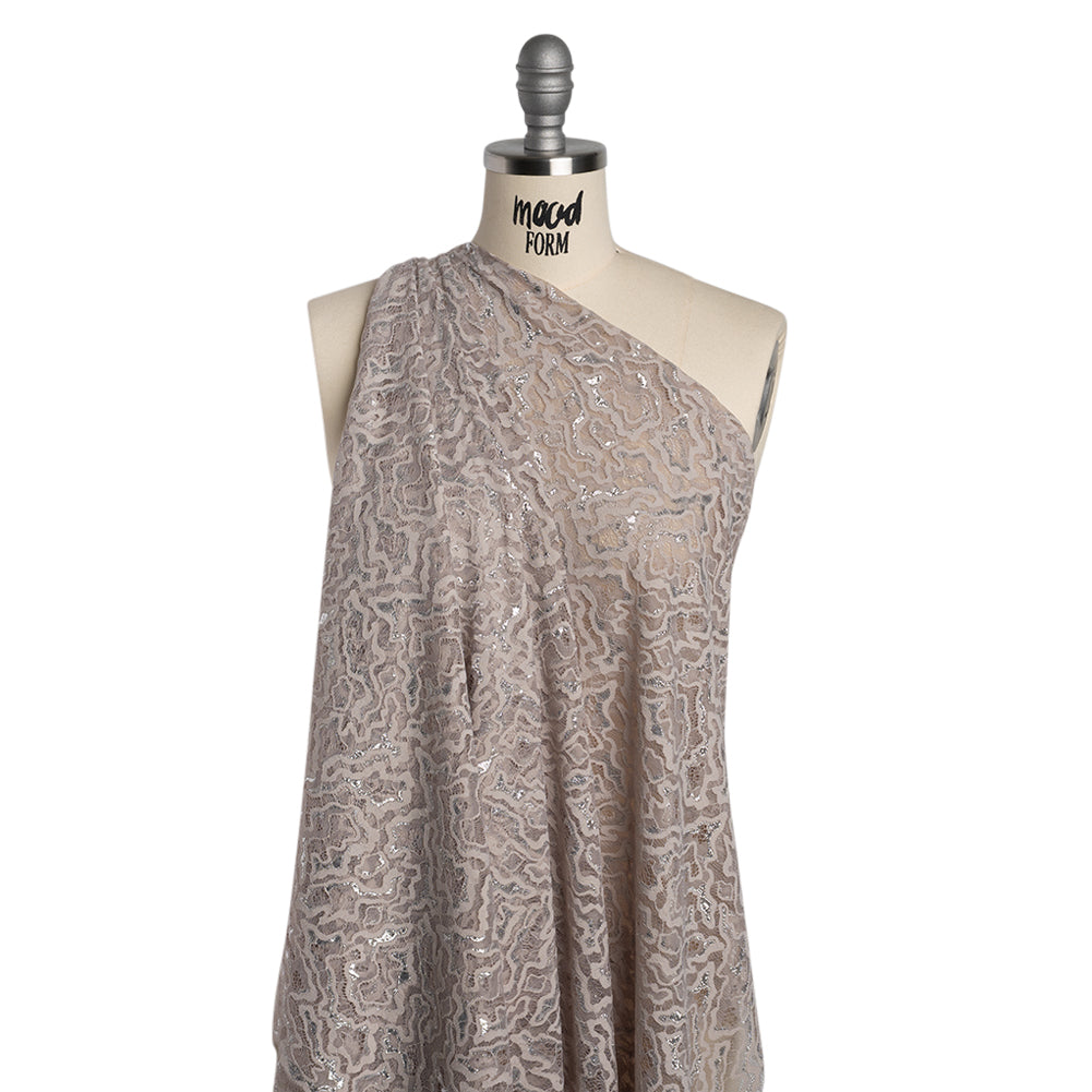 Metallic Raschel Lace Panel with Scalloped Fringed Edges - Silver, Sandstone and Taupe Abstract Squiggles - Joann Fabrics