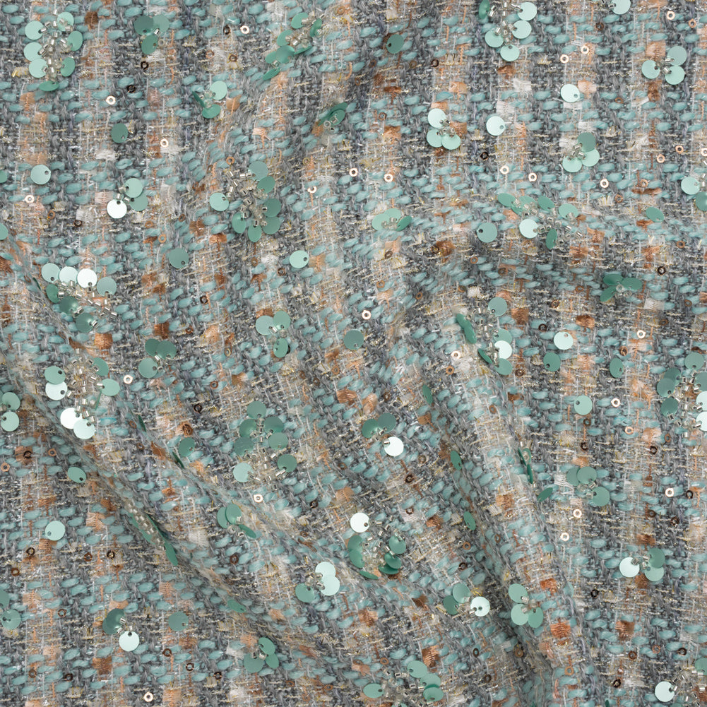 Polyester Tweed with Sequins and Beads - Mint Green, Copper and Gray Abstract over Plaid - Joann Fabrics