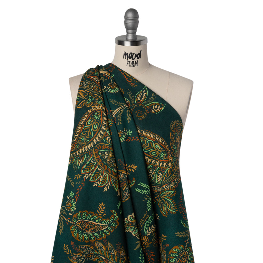 Linen and Rayon Woven - Dark Green, Olive and Burn Orange Paisley Floral - Mood Exclusive Lush Labyrinth Print - Joann Fabrics