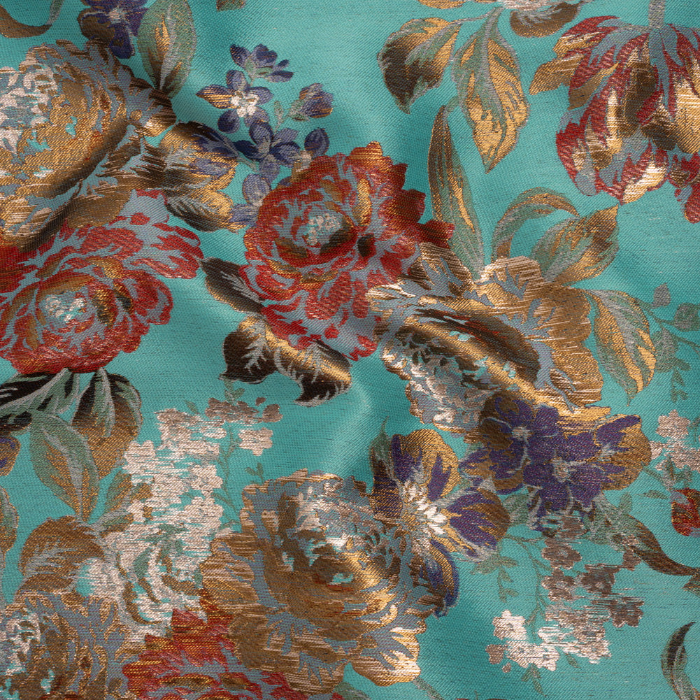 Metallic Luxury Brocade - Sky Blue, Dark Gold and Red Classic Flowers - Joann Fabrics