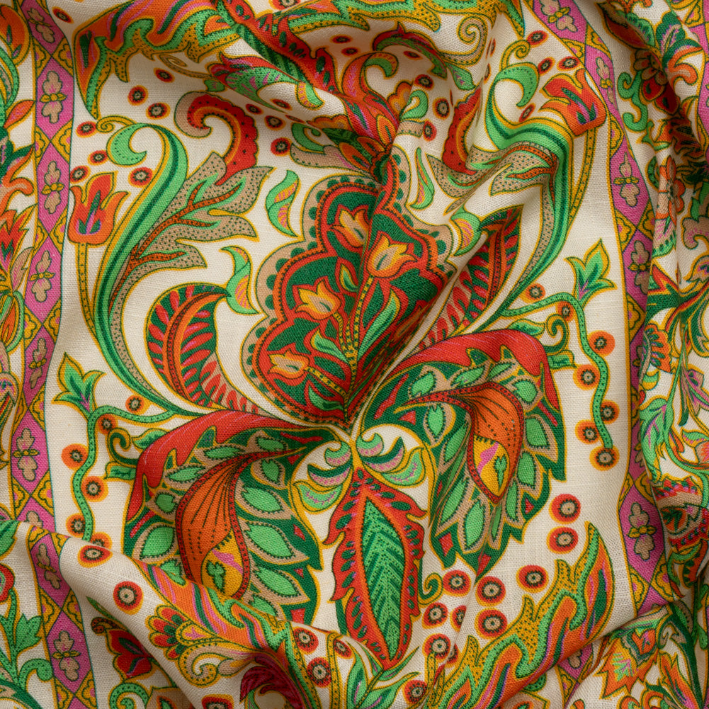 Viscose and Linen Woven - White Floral Paisley Stripes - Locust Lily Print - Mood Exclusive Gisele Collection - Joann Fabrics