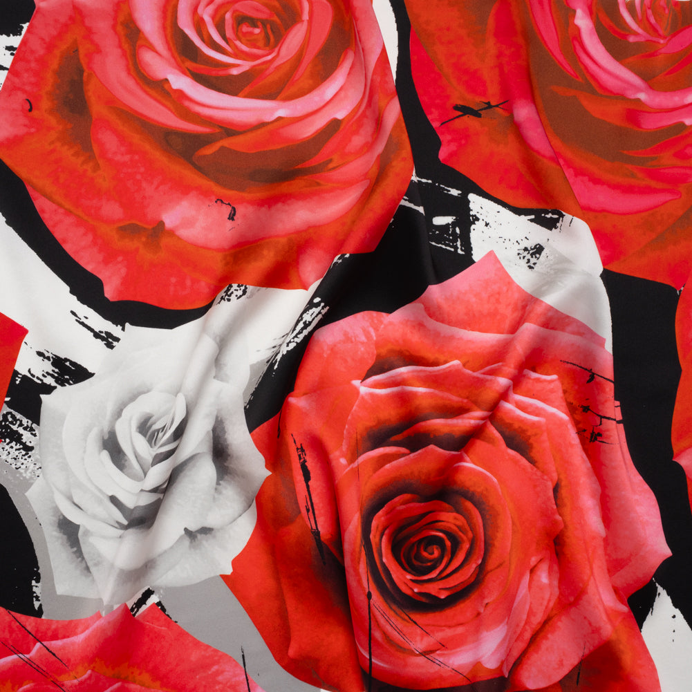 Silk Charmeuse Print 16MM, Made in Italy - Red, White and Black Rose Bouquet - Joann Fabrics