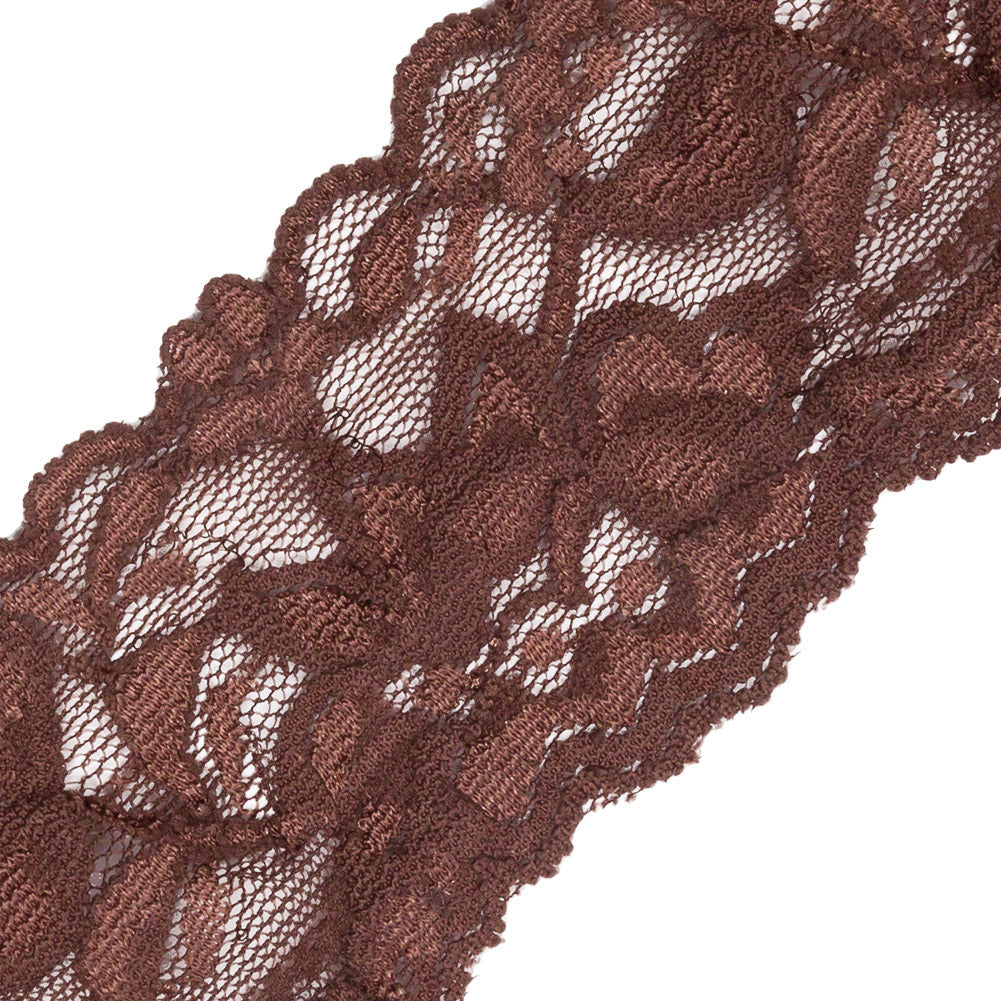 Famous NYC Designer Brown Two Tone Floral Vines Stretch Lace Trim with Scalloped Edges - 2