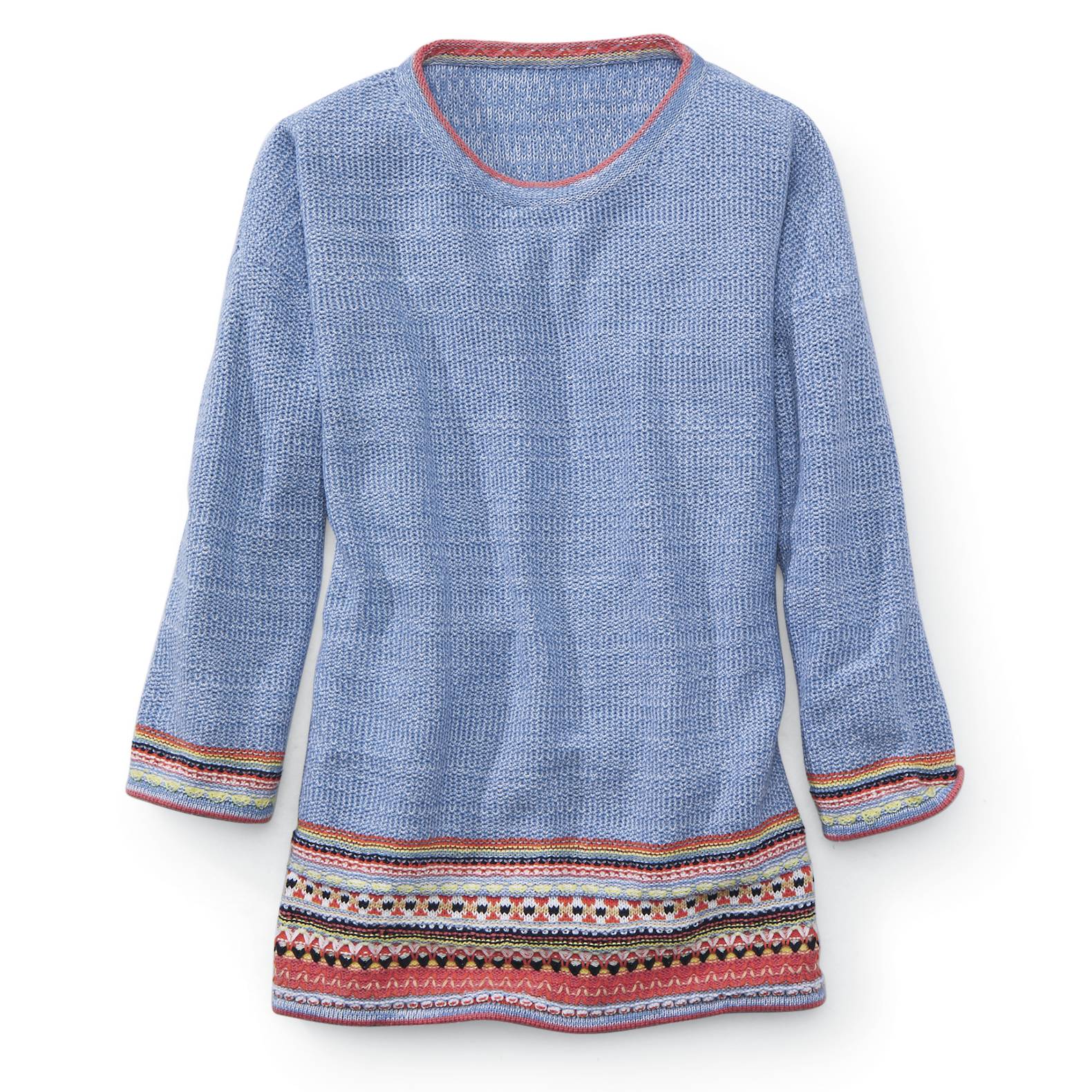 Fair Isle Border Hem Sweater, Pretty Marled Yarns, Tipping, 3/4 Sleeve - Northstyle Catalog