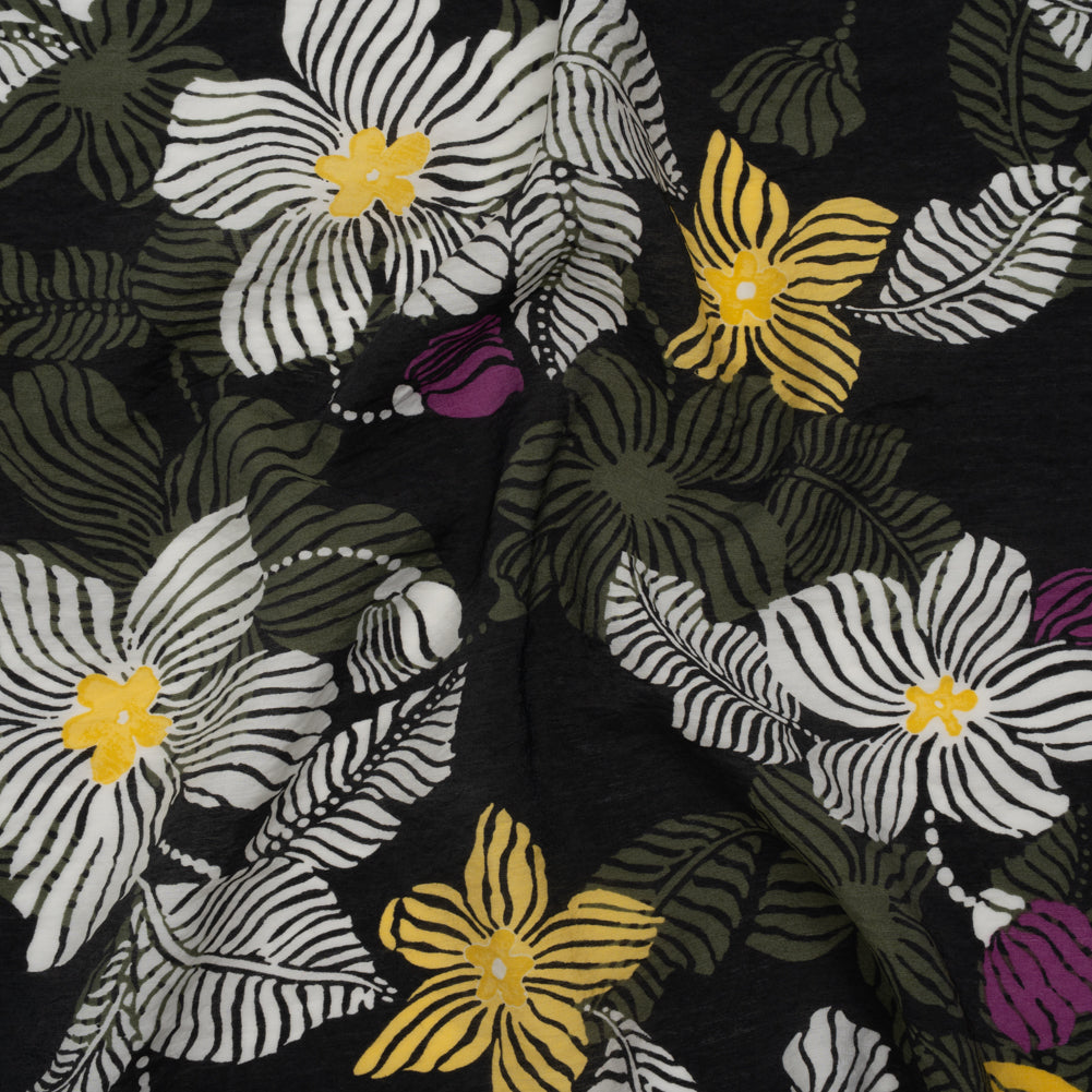 Crinkled Viscose and Nylon Woven - Olive, Yellow and Purple Floral - Designer Deadstock - Joann Fabrics