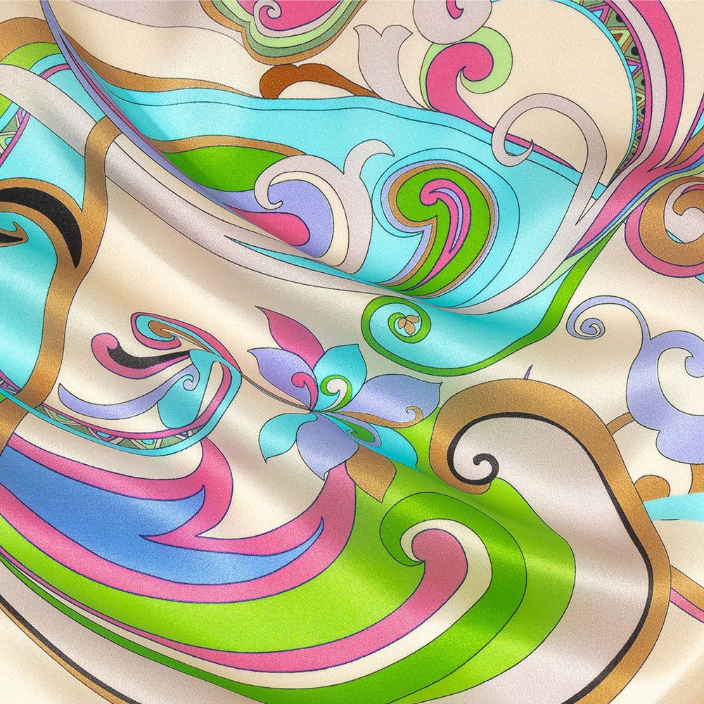 Italian White Smoke, Sky and Pink Swirling Paisley Silk Charmeuse - Joann Fabrics
