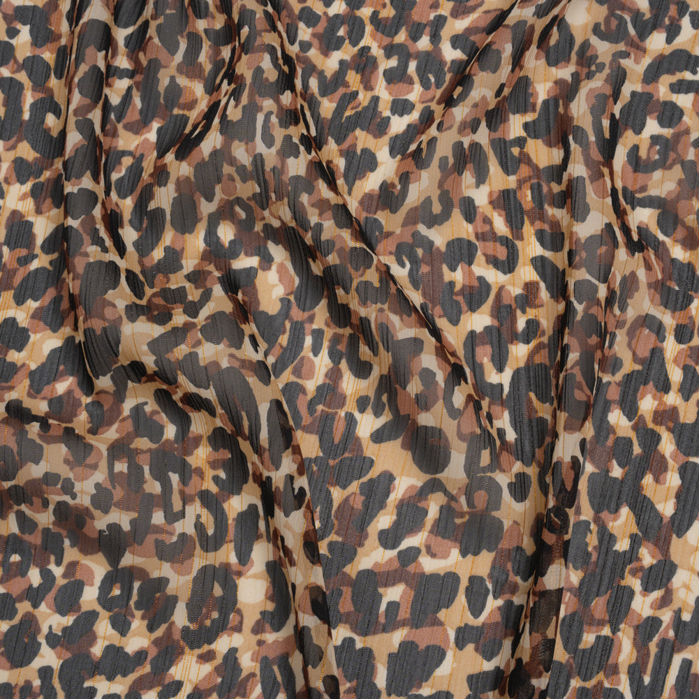 Crinkled Polyester Chiffon Print with Metallic Gold Pinstripes - Black, Brown and Beige Abstract Animal Spots - Designer Deadstock - Joann Fabrics