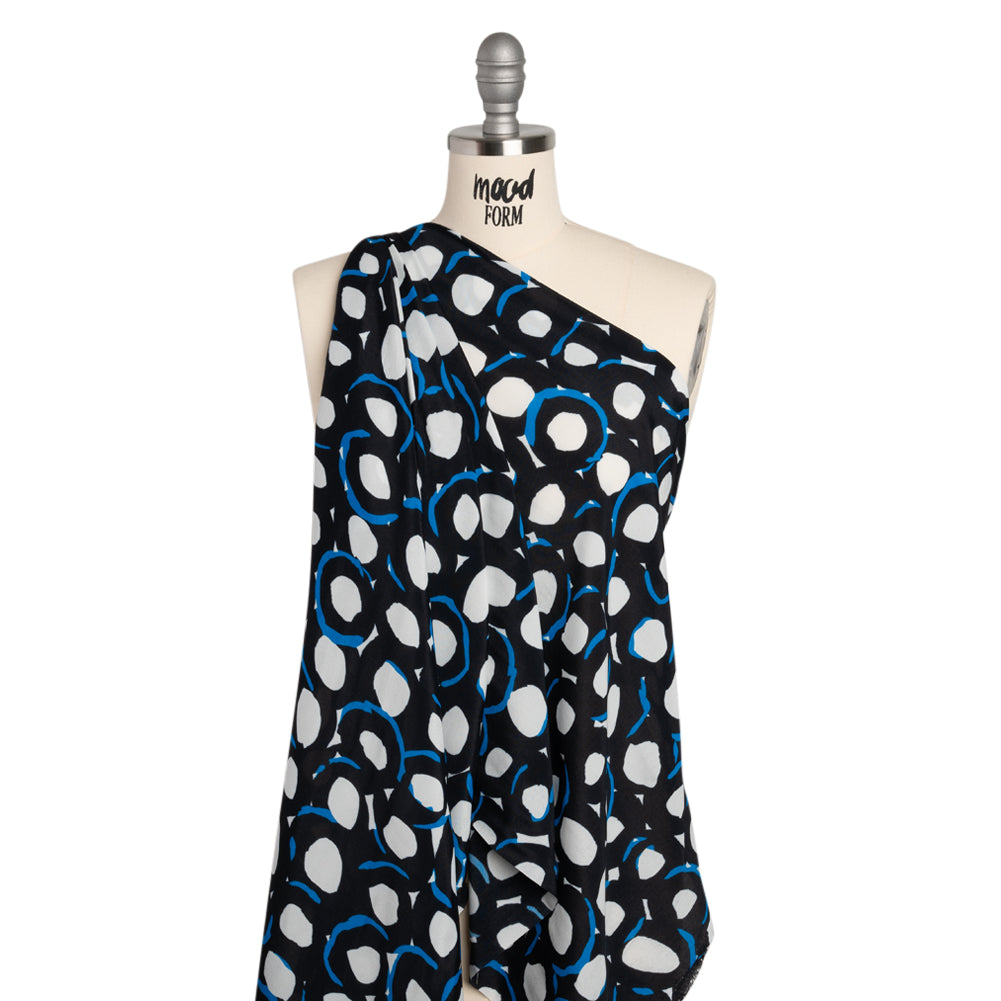 Rayon Crepe de Chine Made in Italy - Black, White and Blue Abstract Spots - Deadstock - Joann Fabrics