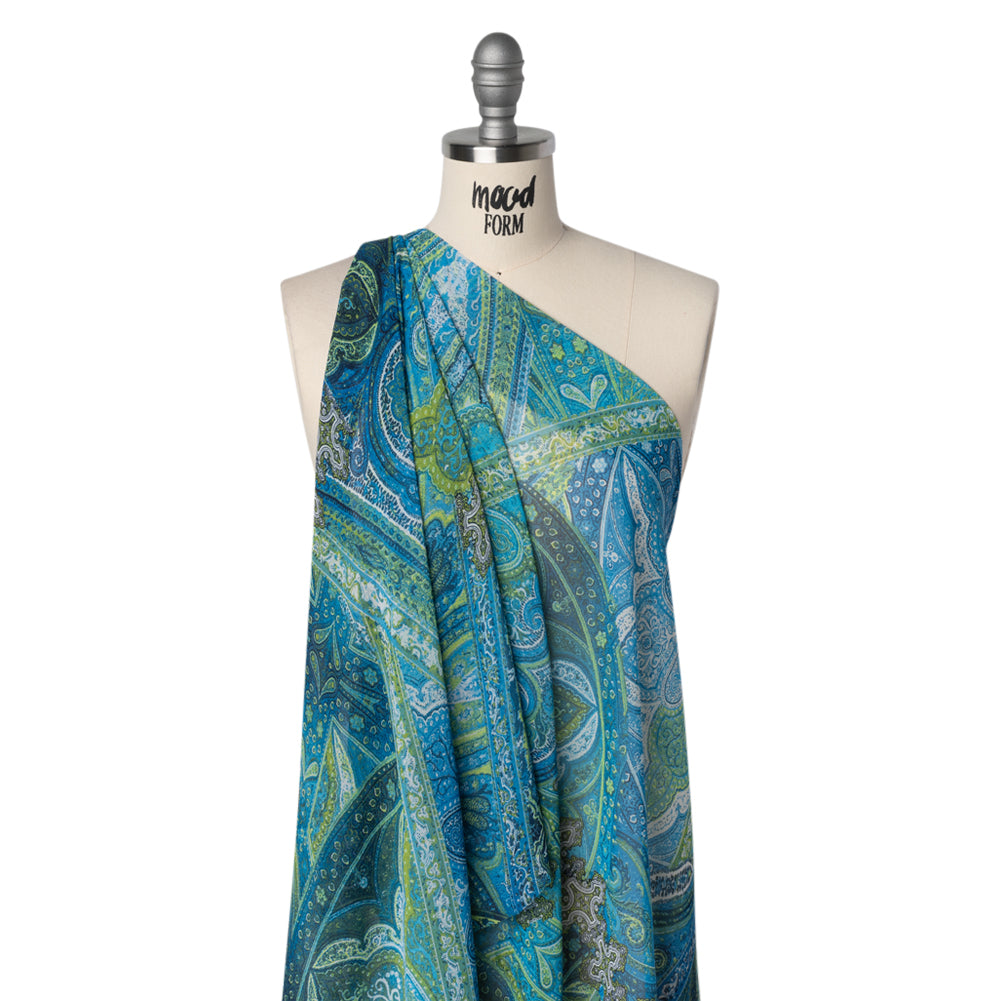 Polyester Chiffon Print - Blue and Green Paisley Patchwork - Designer Deadstock - Joann Fabrics