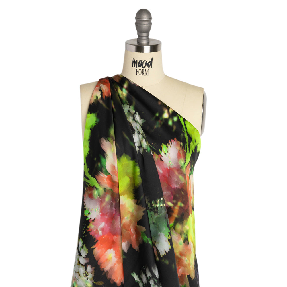 Sustainable and Recycled Viscose Satin Print - Lime Green, Red and Black Abstract Floral - Mood Exclusive Forest of Colors - Joann Fabrics