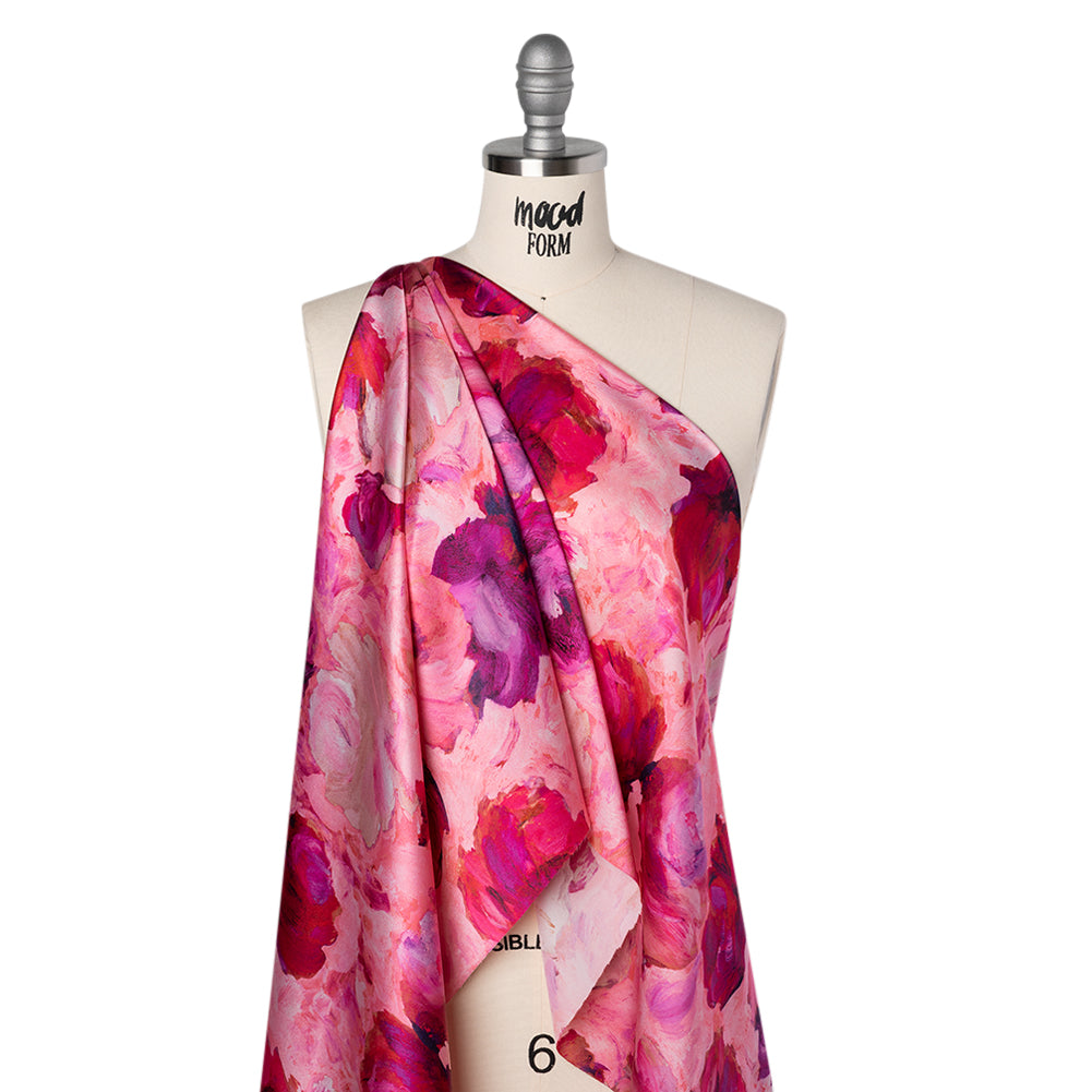 Silk Charmeuse Print 16MM, Made in Italy - Pink, Red and Fuchsia Painted Roses - Joann Fabrics