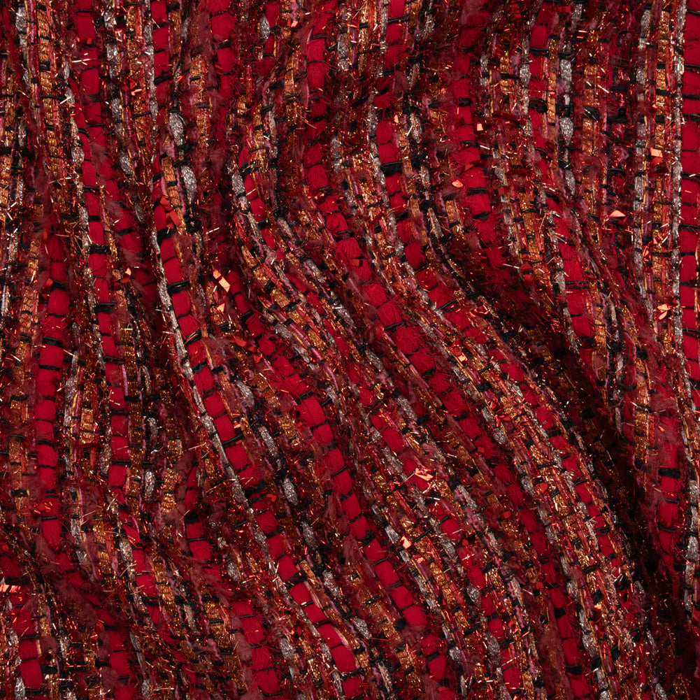 Metallic Polyester Tweed with Eyelash Fringe - Ruby Red and Burnt Orange Stripes - Joann Fabrics