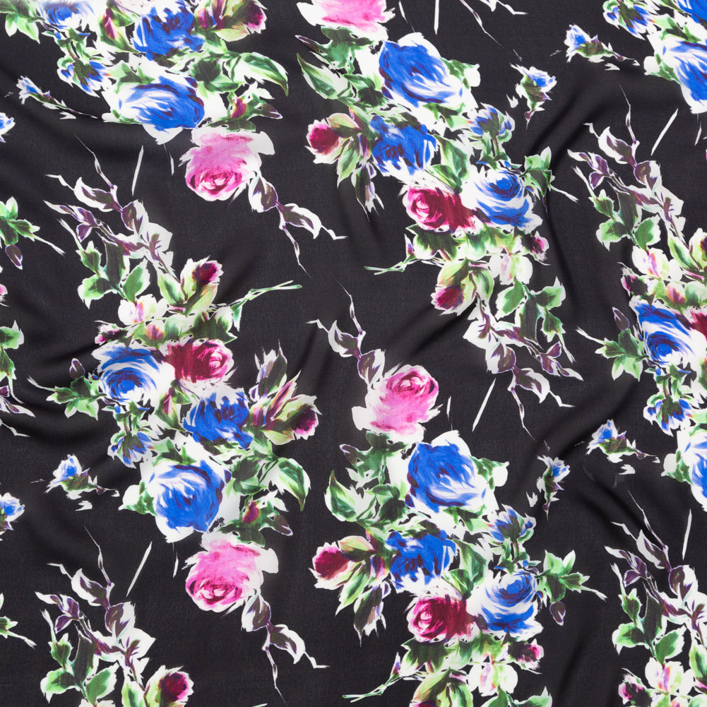 Milly Italian Black, Ibis Rose and Princess Blue Floral Silk Georgette - Joann Fabrics
