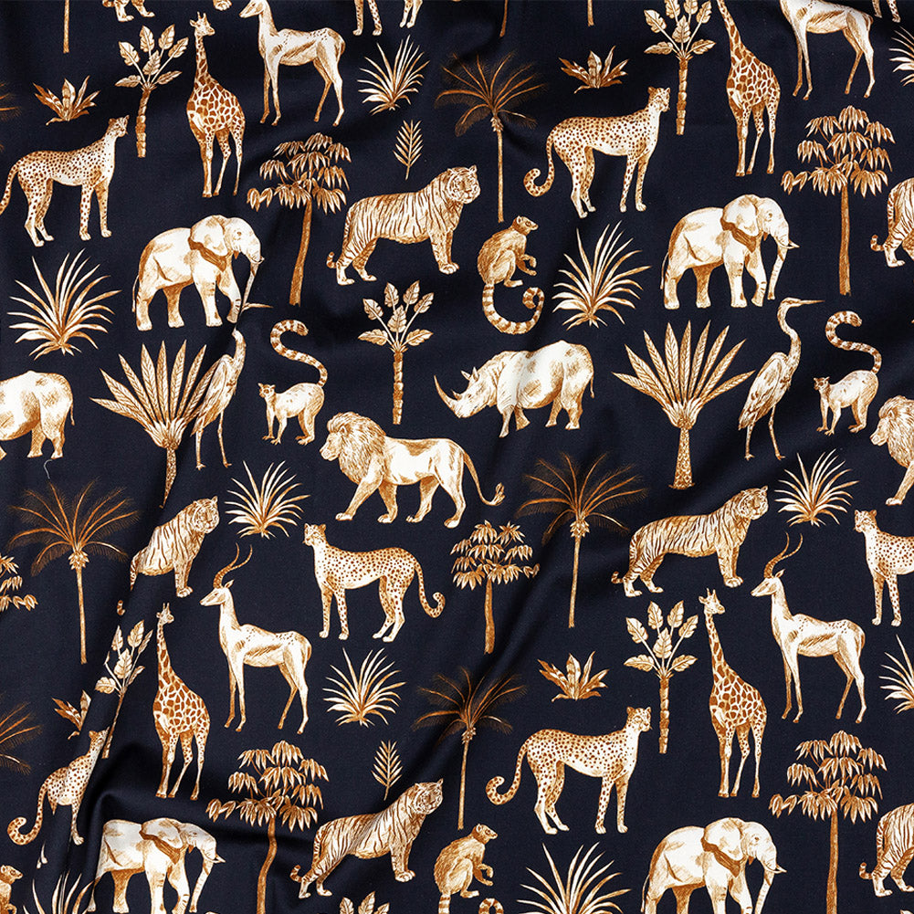 Stretch Cotton Sateen - Navy and Yellow Animals and Palms - Hegemonic Hierarchy Print - Mood Exclusive Tumunyana Collection - Joann Fabrics