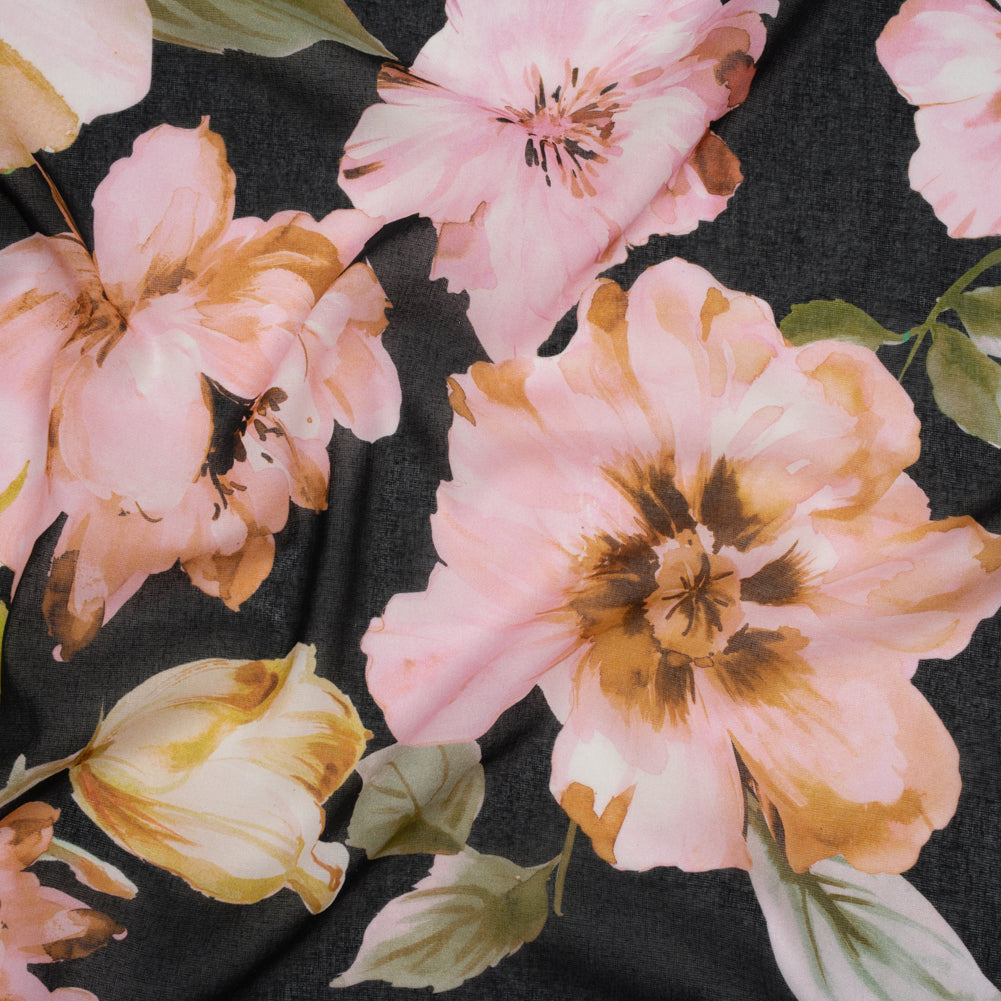 Cotton Voile - Light Pink, Green and Black Watercolor Florals - Mood Exclusive Blooming Bouquets Print - Joann Fabrics