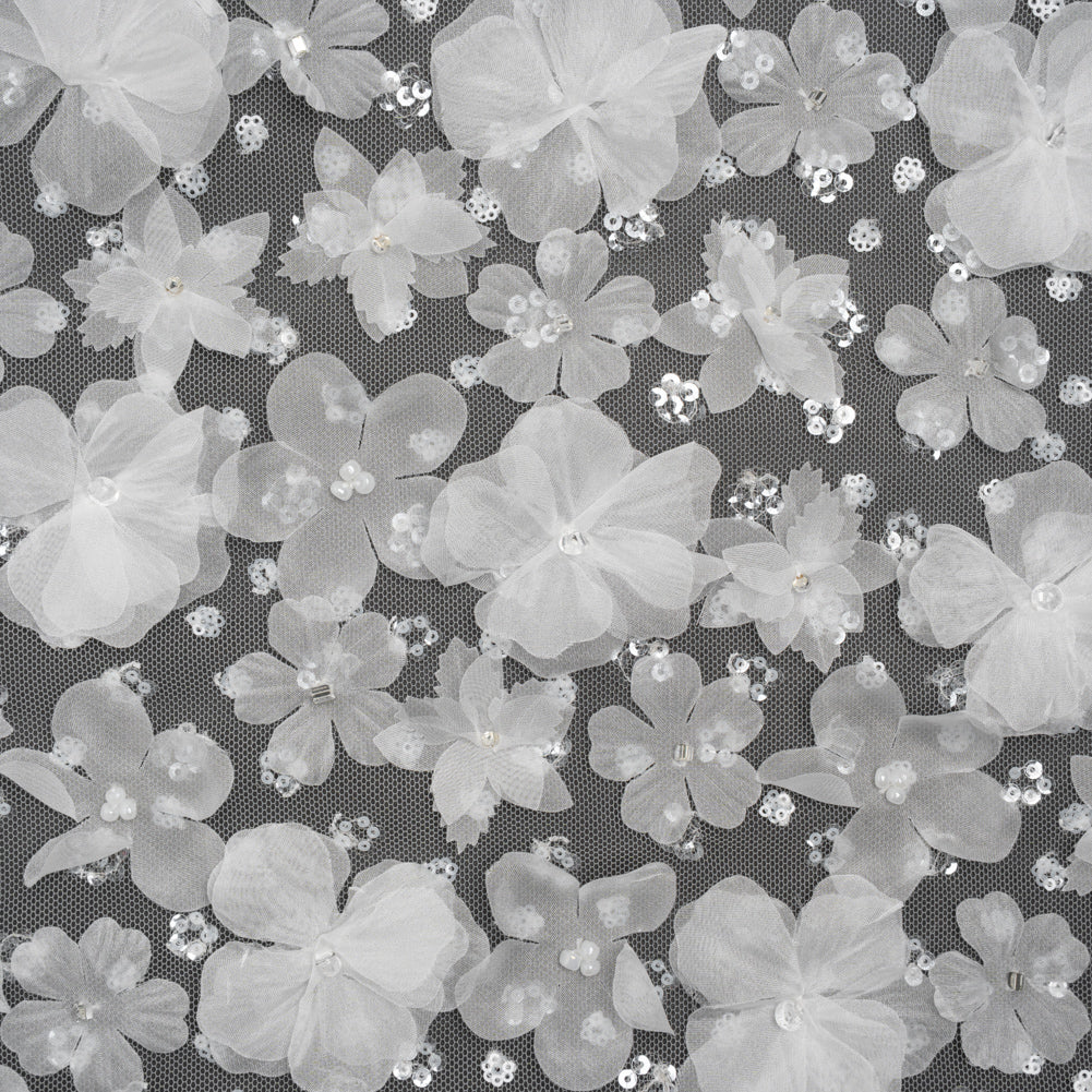 Beaded and Sequined Lace with 3D Fabric Flowers - White Floral with Clear Beads - Joann Fabrics