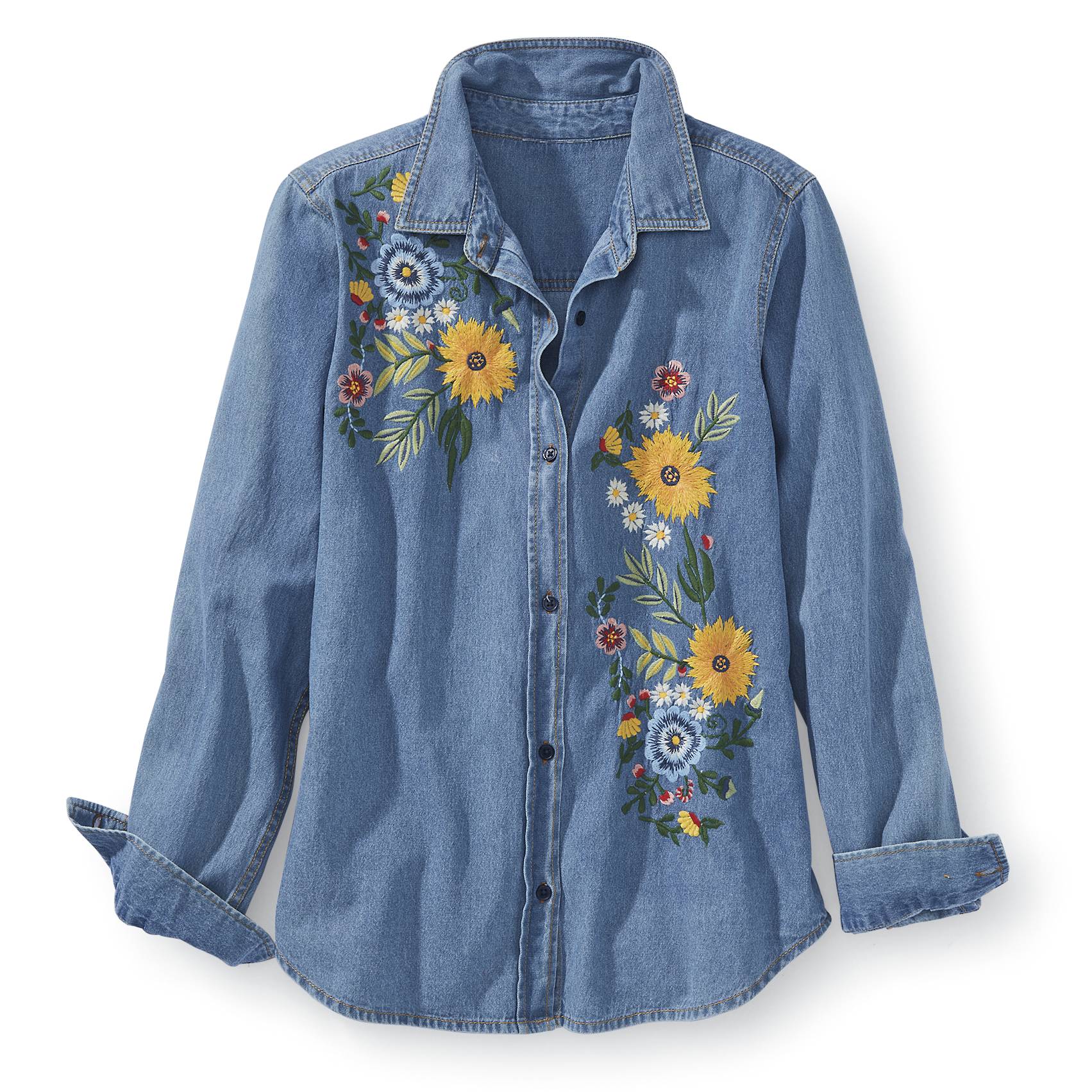 Floral-Embroidered Denim Button-Front Shirt, Long Sleeves, Curved Hem - Northstyle Catalog