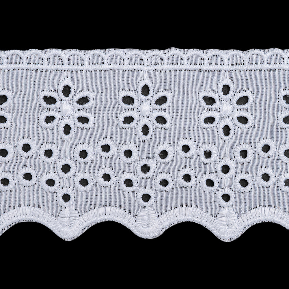 Cotton and Polyester Embroidered Eyelet Lace Trim with Scalloped Edges - 2.5