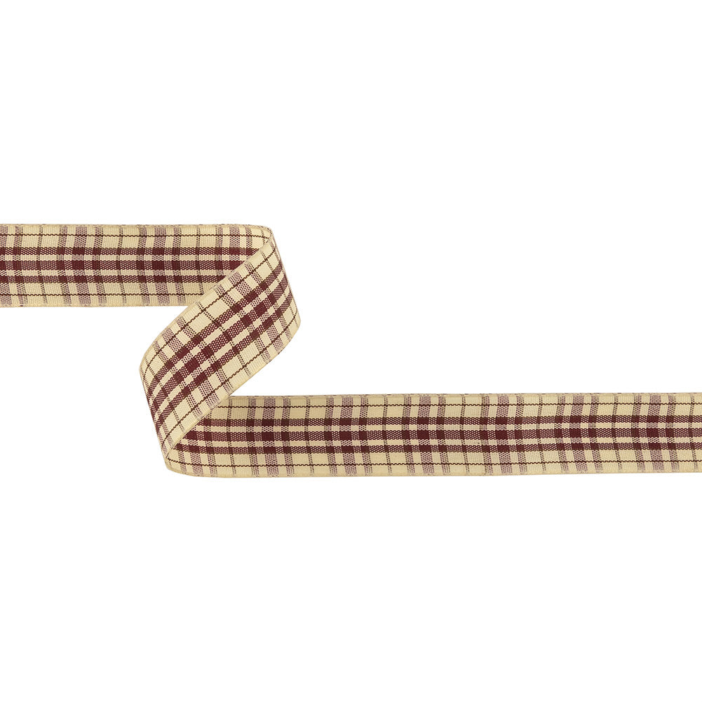 Burgundy, Brown and Vanilla Ice Plaid Woven Ribbon - 1