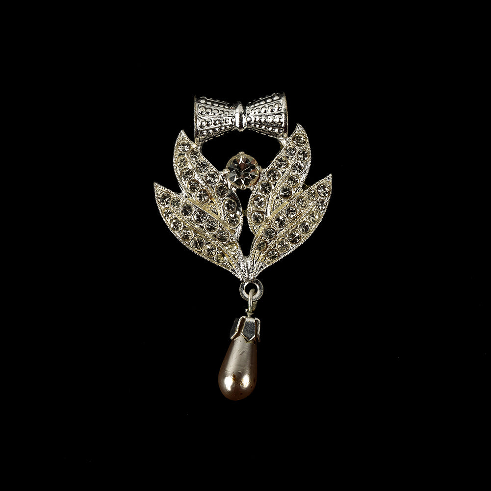 Vintage Crystal Rhinestones and Silver Metal Pearl Drop Classical Ornament with Bow - 1.625