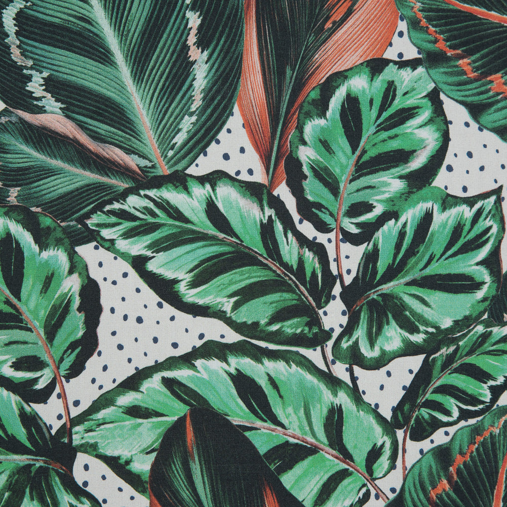 Cotton Poplin - Green and Orange Leaves and Spots - Tropical Snowglobe Print - Mood Exclusive Avenable Collection - Joann Fabrics