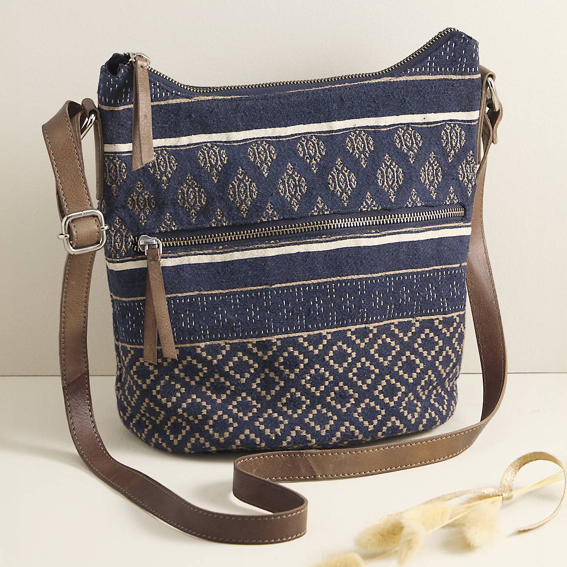 Woven Cotton Jacquard & Leather Bag, Top Zip, Inner Pockets - Northstyle Catalog
