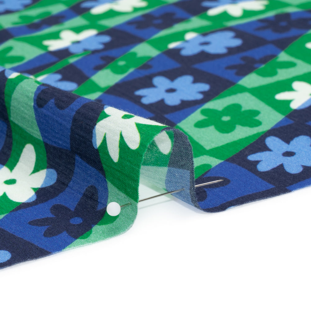 Crinkled Cotton Gauzy Woven Print - Green and Blue Flowers and Swirls on Checks - Mood Exclusive Gardener's Game - Joann Fabrics