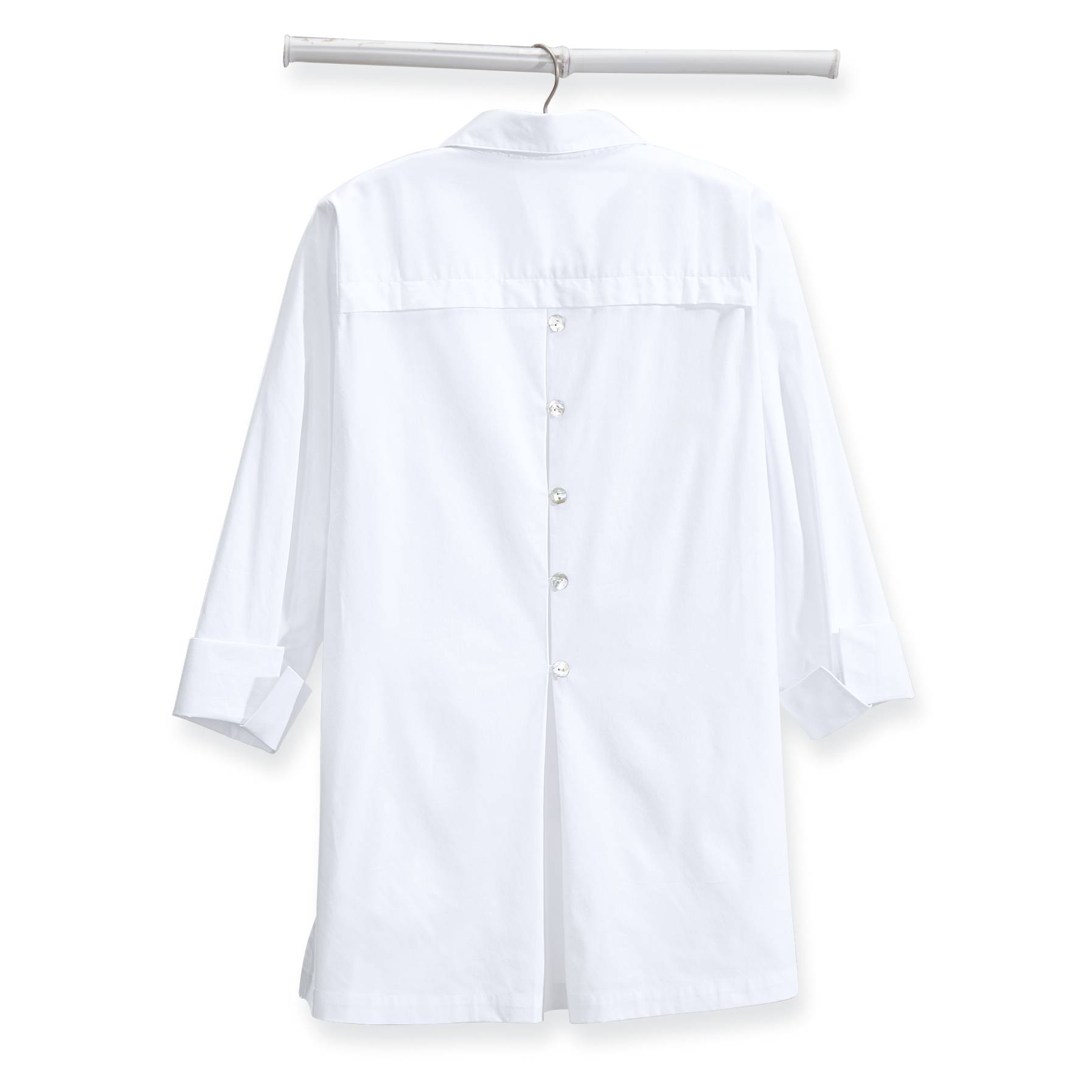 Button Back Popover Tunic, Collared V-Neck, Front Pleat, 3/4 Sleeves - Northstyle Catalog
