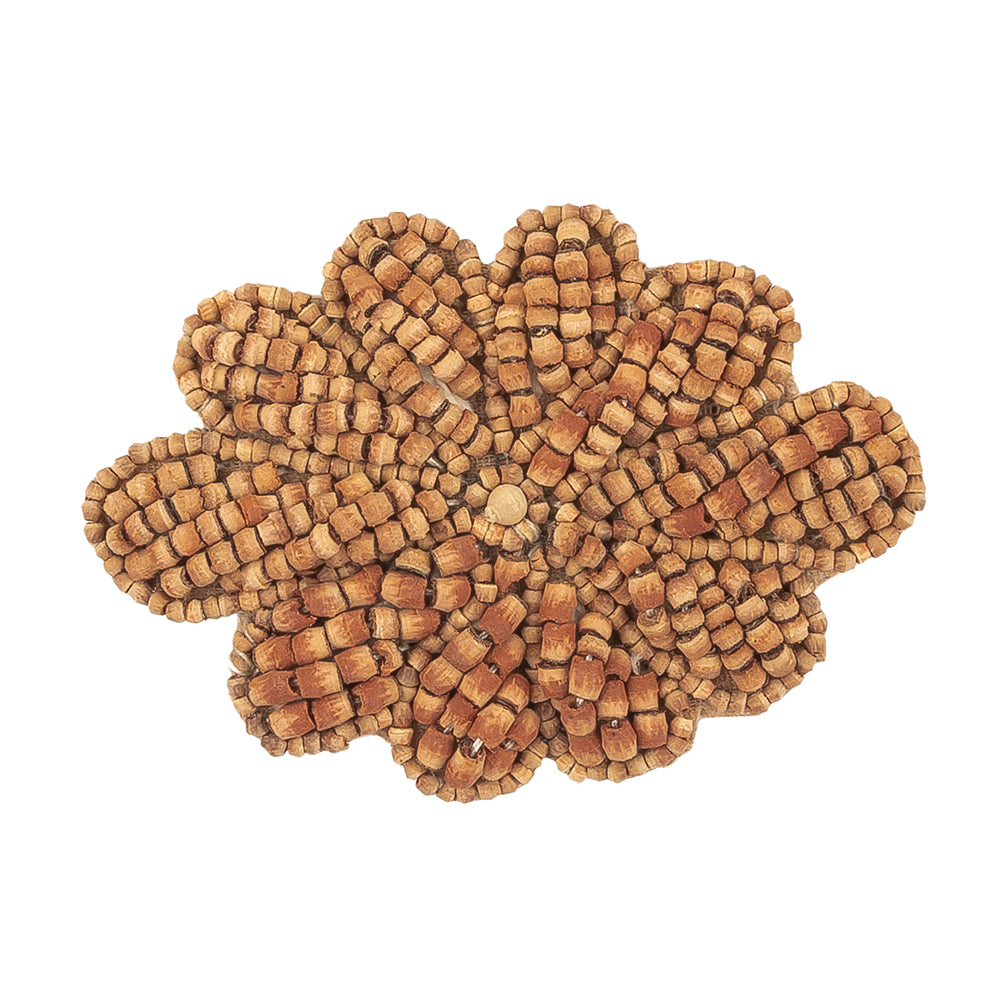 Vintage Dark Natural Wood Beaded Floral Motif Applique - 2