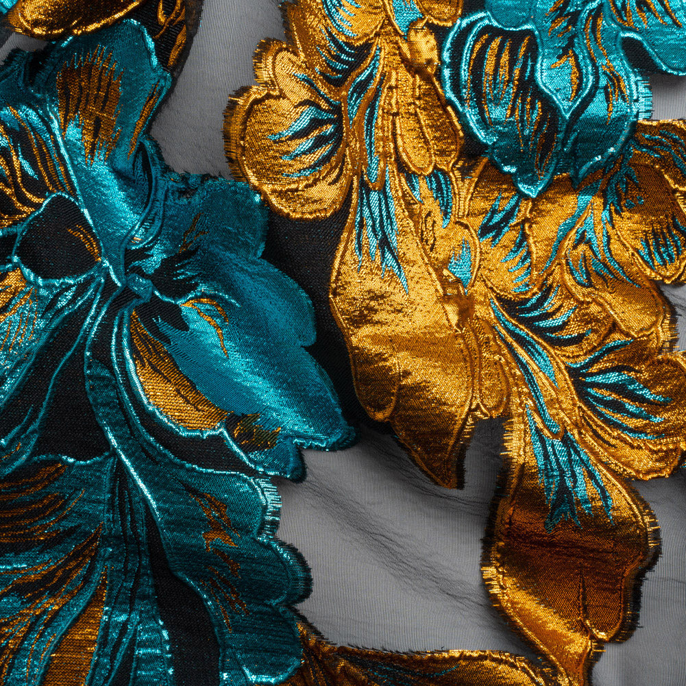 Metallic Teal, Orange and Black Floral Luxury Burnout Brocade Panel - Joann Fabrics