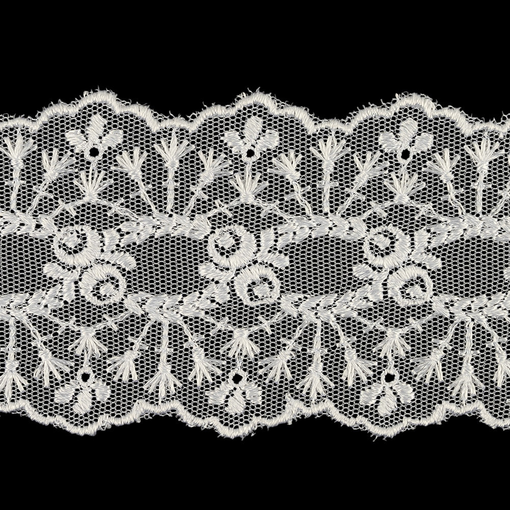 White Luminous Floral Embroidered Lace Trim - 2.375