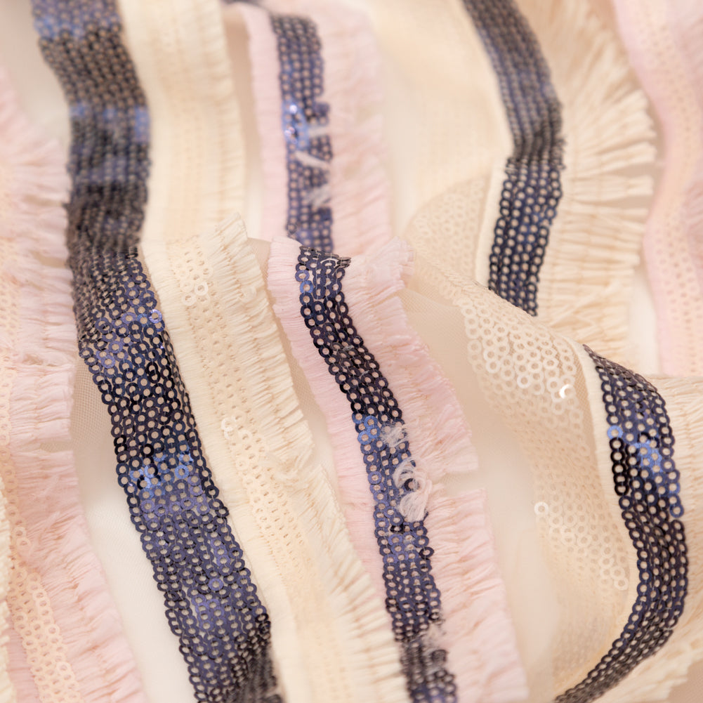 Italian Novelty Pale Beige and Pink Sequins and Fringe Striped Tulle - Joann Fabrics