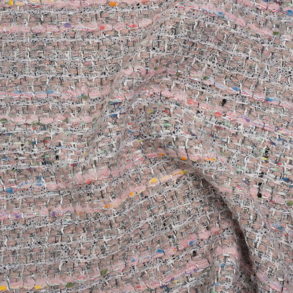 Polyester and Wool Blend Textural Tweed - Baby Pink, White and Metallic Silver - Joann Fabrics