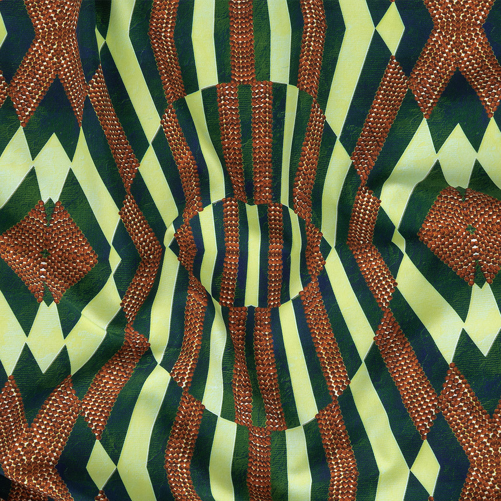 Compression Swimwear Tricot, UV Protective with Aloe Vera Microcapsules - Ambrosia, Green and Wooden Beads Geometric - Caye Collection - Joann Fabrics