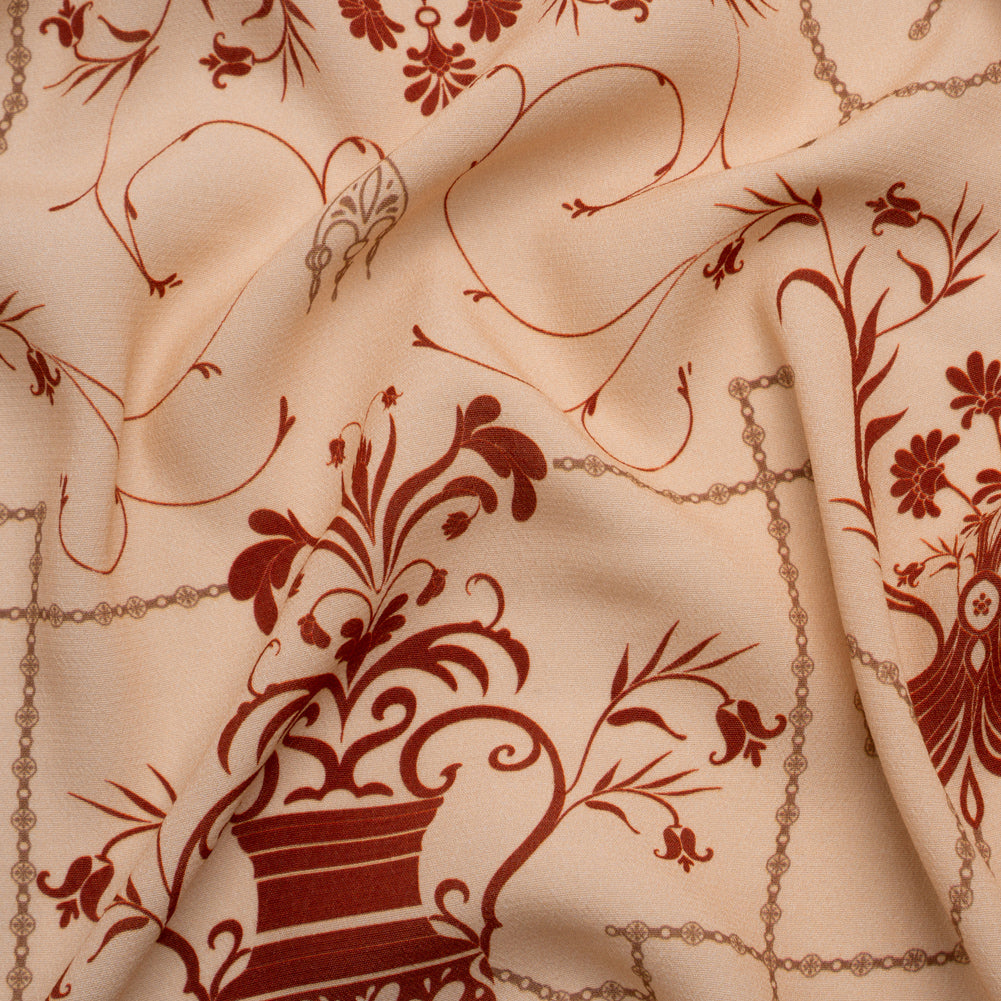 Sustainable Viscose Crepe Print - Beige and Dark Red Flower Vases - Mood Exclusive Persephone's Treasures - Joann Fabrics