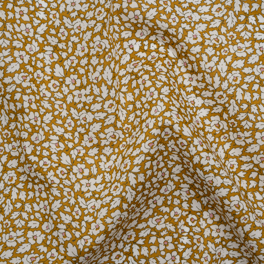 Liberty Fabrics Tana Lawn® - Feather Meadow Yellow - Yellow Ochre and White Flowers and Leaves - Joann Fabrics