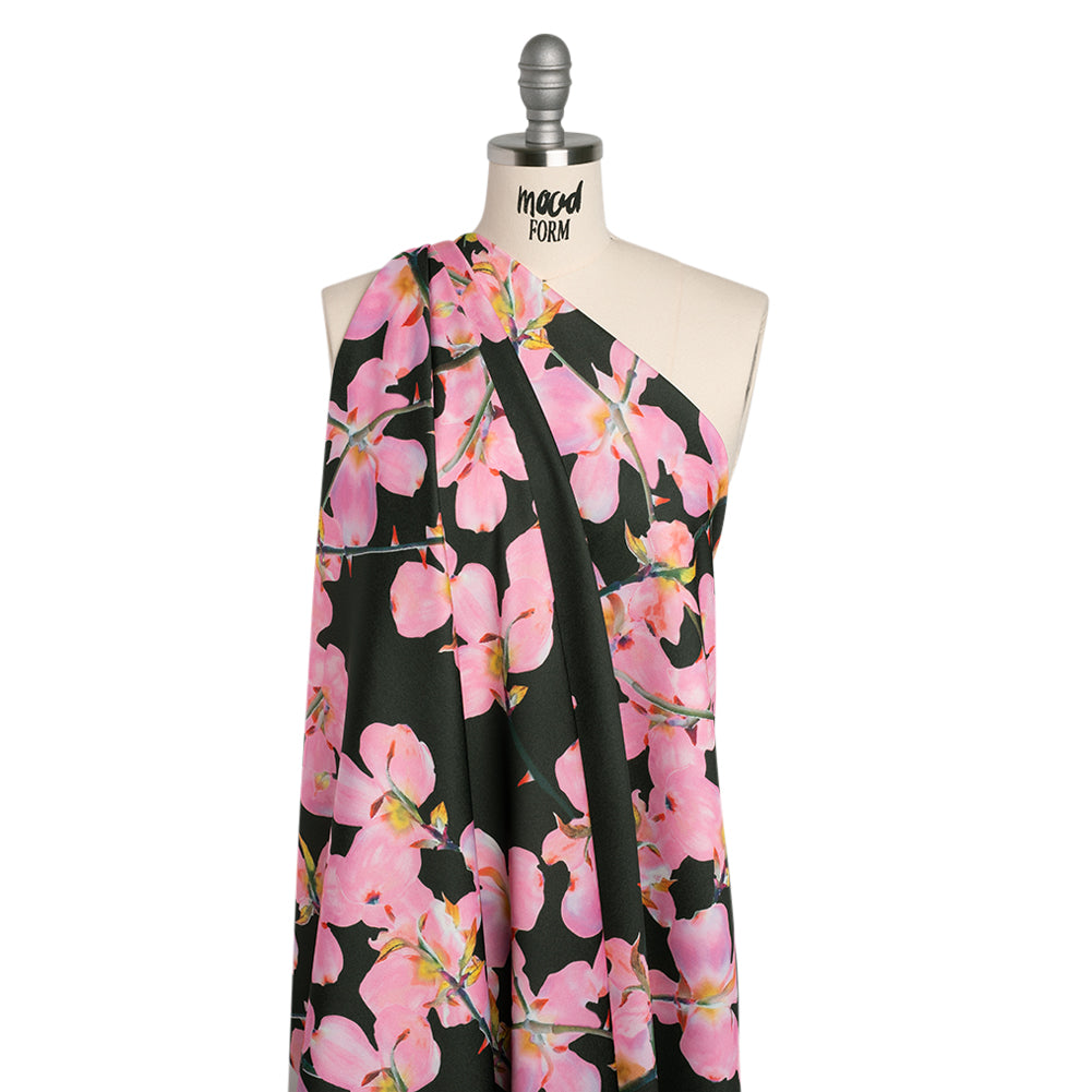 Polyester Crepe-Back Satin - Bright Pink and Black Floral - Mood Exclusive Sakura Whispers Print - Joann Fabrics