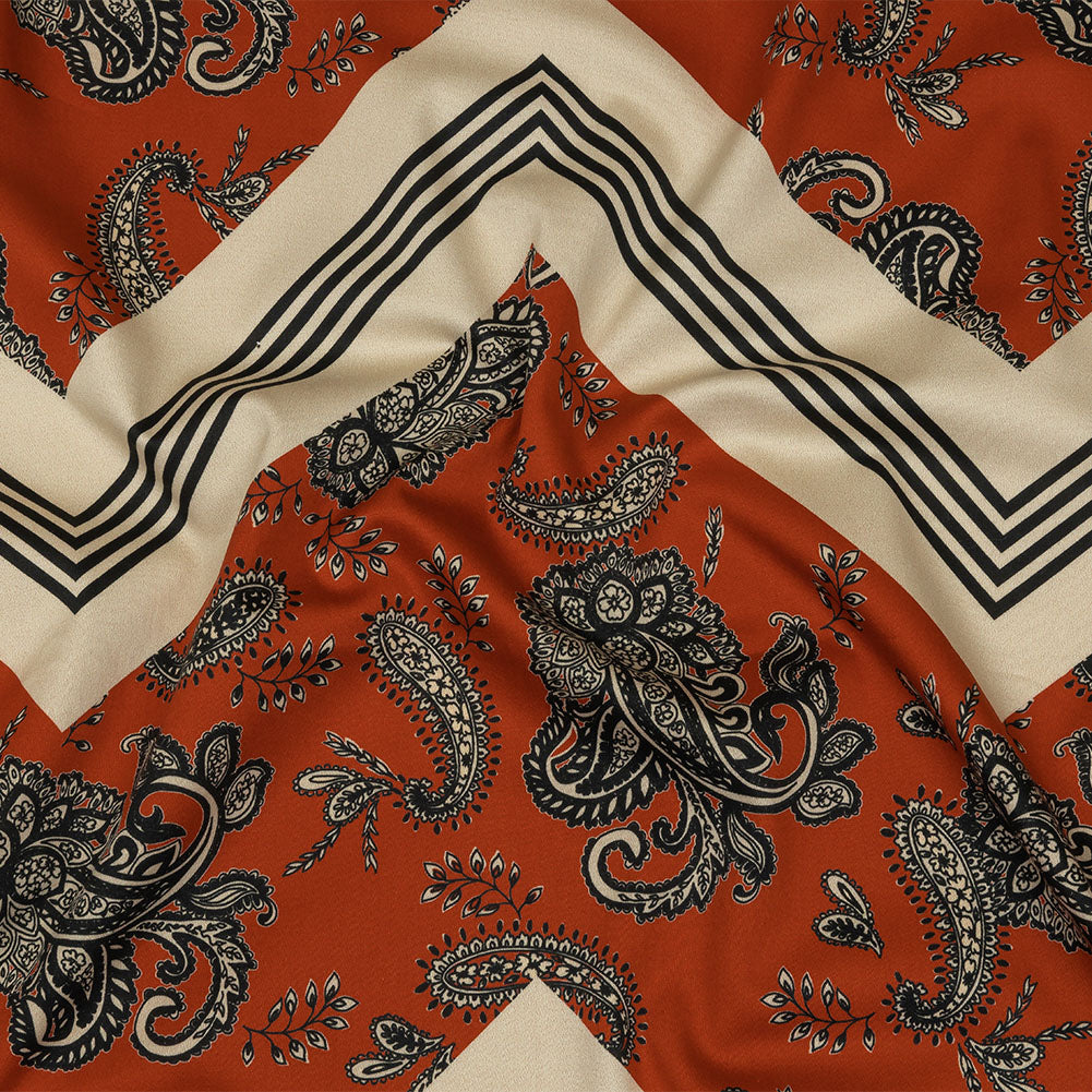 Stretch Cotton Sateen - White and Orange Paisley and Chevron - Well Travelled Trails Print - Mood Exclusive Rockland Collection - Joann Fabrics