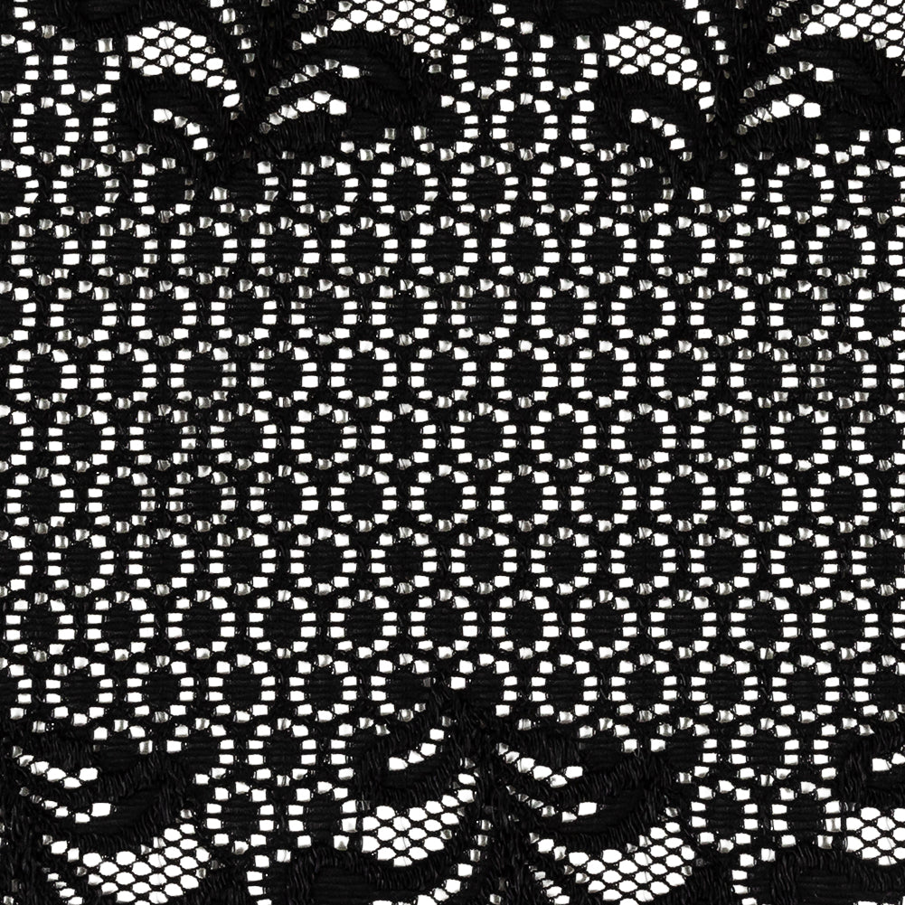 Black Circles and Leaves Stretch Lace Trim with Scalloped Edges - 9.5