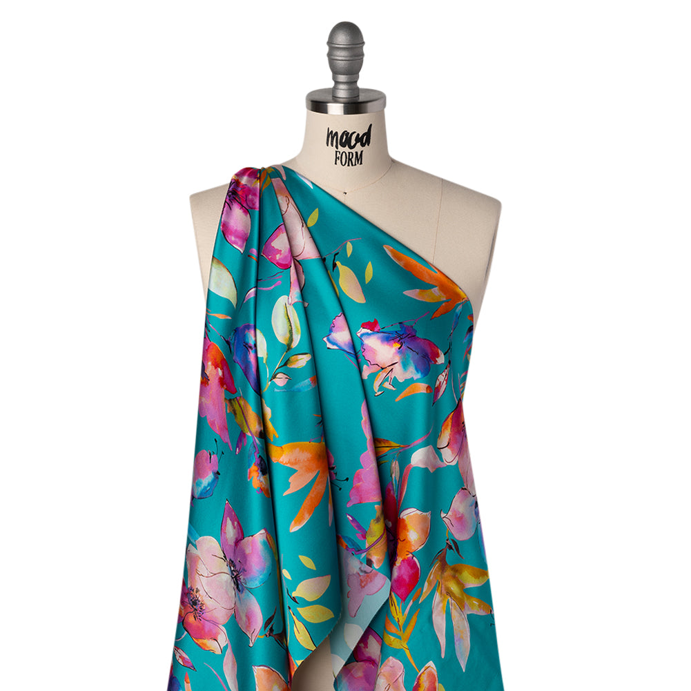 Silk Charmeuse Print 16MM, Made in Italy - Turquoise, Pink and Multicolor Illustrated Watercolor Flowers - Joann Fabrics