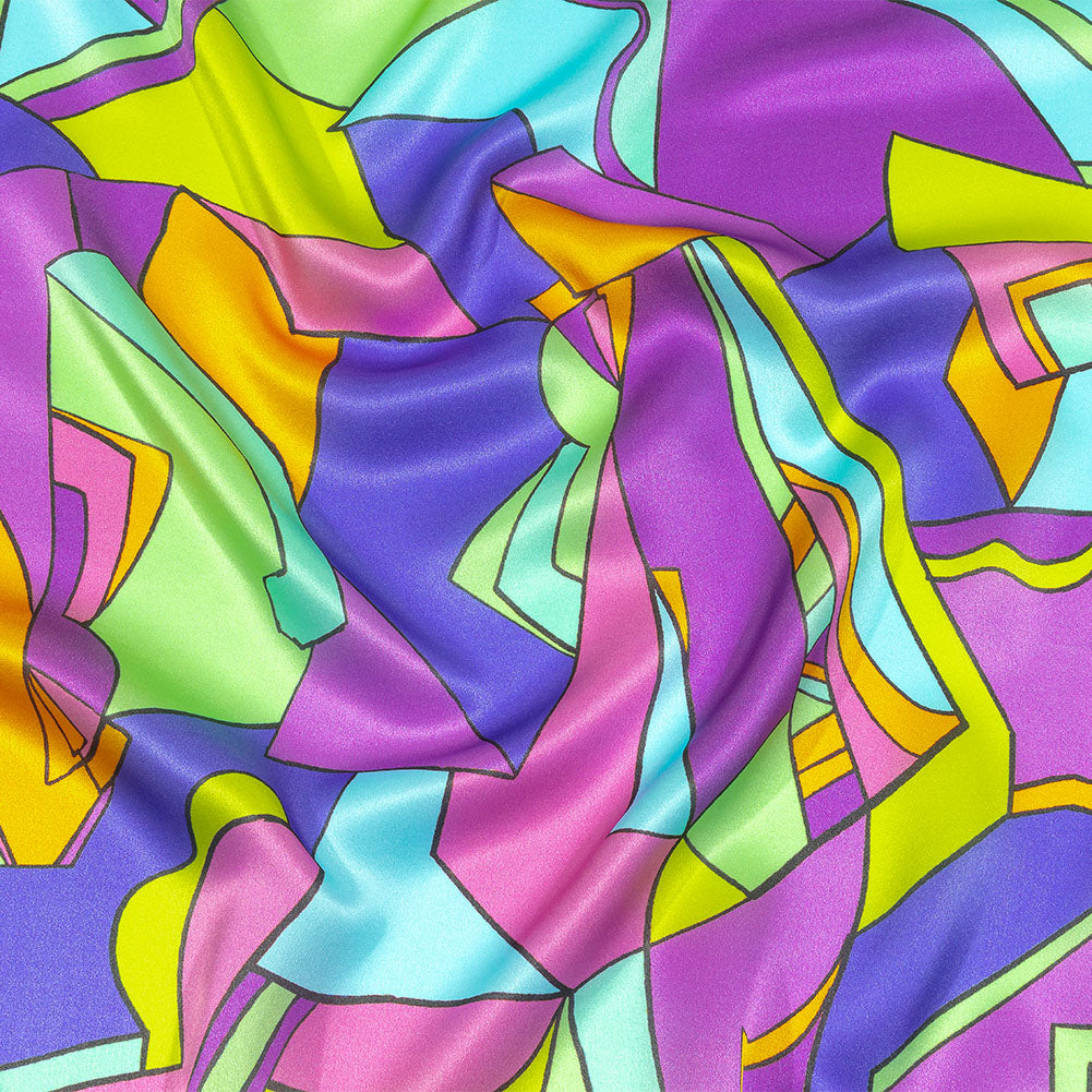 Italian Blue, Purple, and Green Geometric Abstraction Silk Charmeuse - Joann Fabrics
